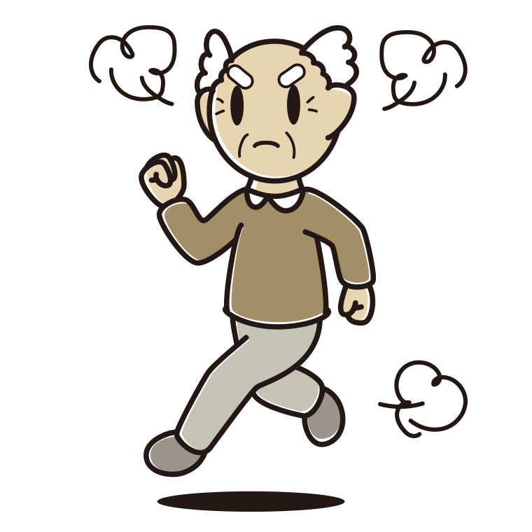 怒りながら走るおじいさんのイラスト【色あり、背景なし】透過PNG