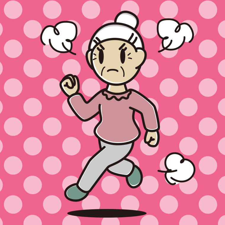 怒りながら走るおばあさんのイラスト【色、背景あり】PNG