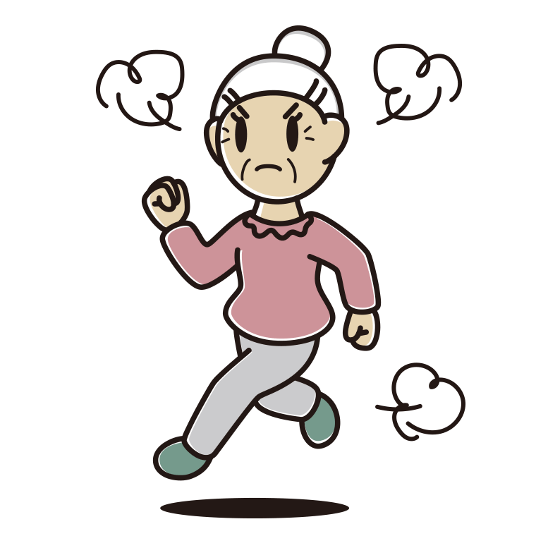 怒りながら走るおばあさんのイラスト【色あり、背景なし】透過PNG