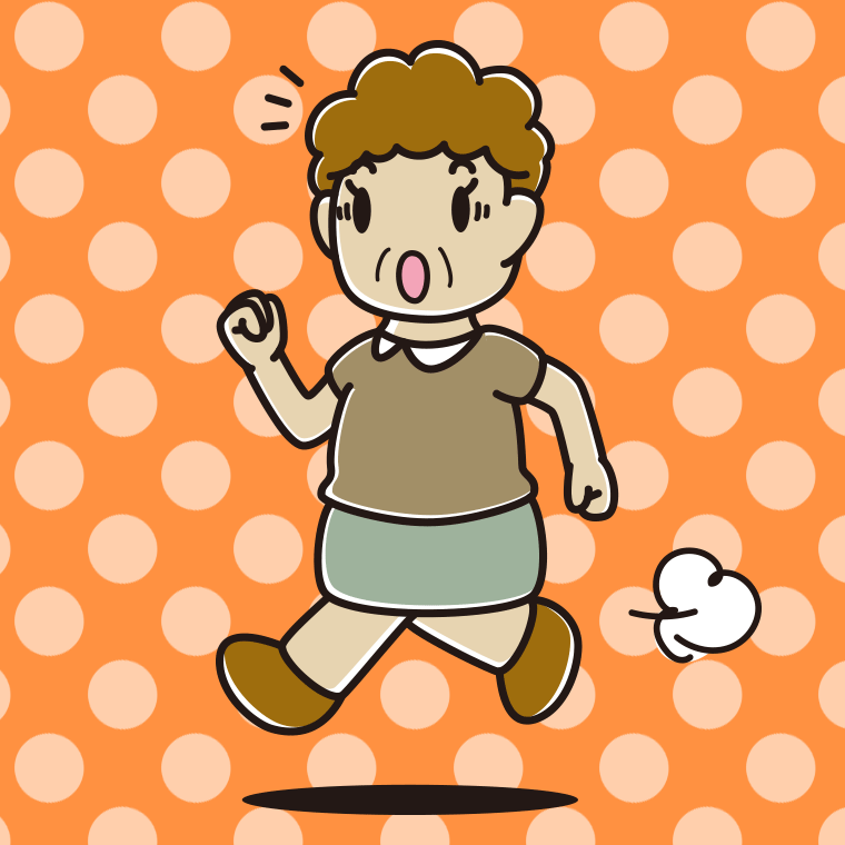 走っていて驚くおばさんのイラスト【色、背景あり】PNG