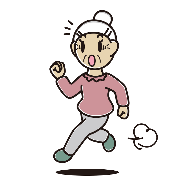 走っていて驚くおばあさんのイラスト【色あり、背景なし】透過PNG