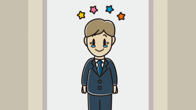 エレベーターでジーンとする男性会社員のイラスト【色、背景あり】PNG