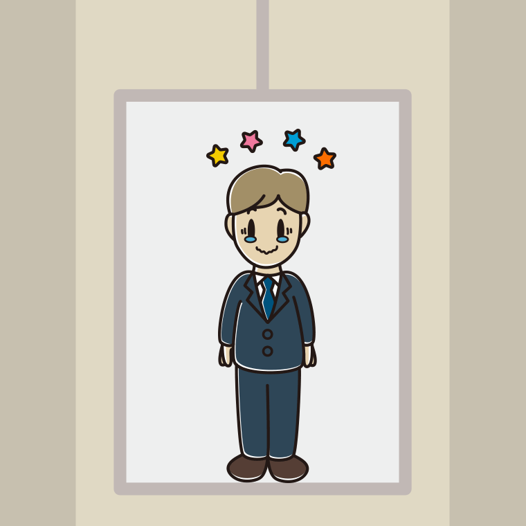 エレベーターでジーンとする男性会社員のイラスト【色、背景あり】PNG