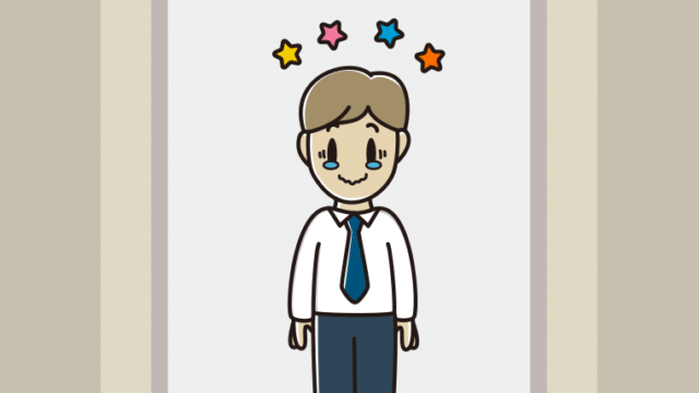 エレベーターでジーンとする男性会社員（ワイシャツ）のイラスト【色、背景あり】PNG