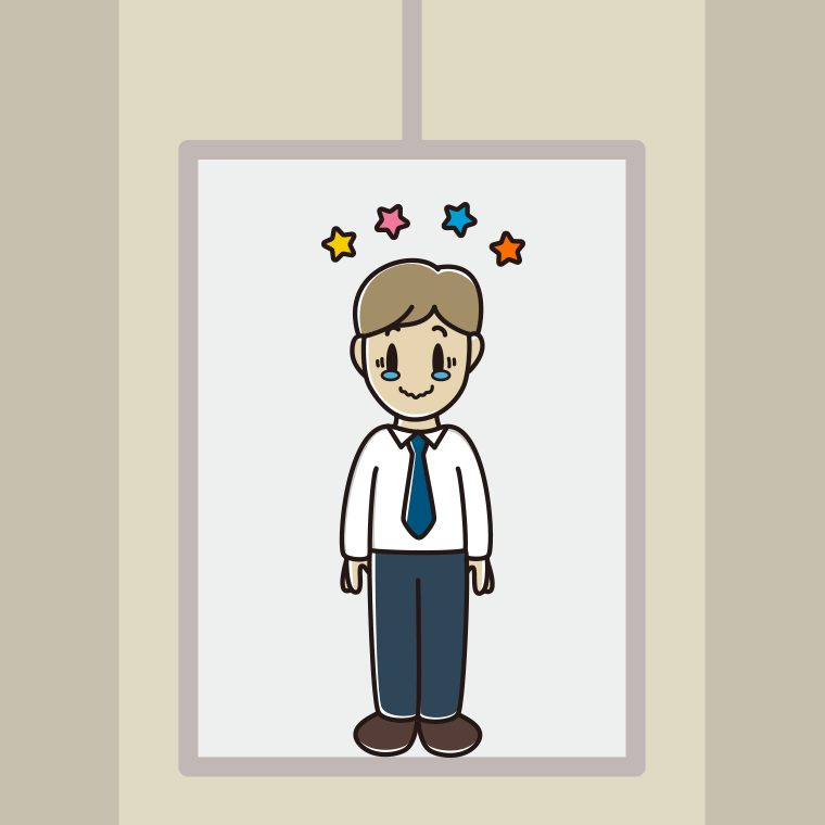 エレベーターでジーンとする男性会社員（ワイシャツ）のイラスト【色、背景あり】PNG