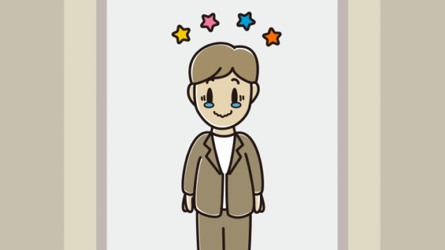 エレベーターでジーンとする男性会社員（カジュアル）のイラスト【色、背景あり】PNG