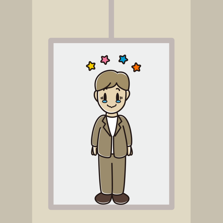 エレベーターでジーンとする男性会社員（カジュアル）のイラスト【色、背景あり】PNG