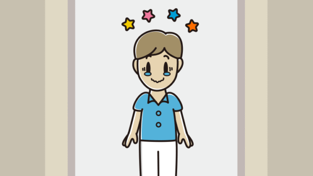 エレベーターでジーンとする男性会社員（クールビズ）のイラスト【色、背景あり】PNG