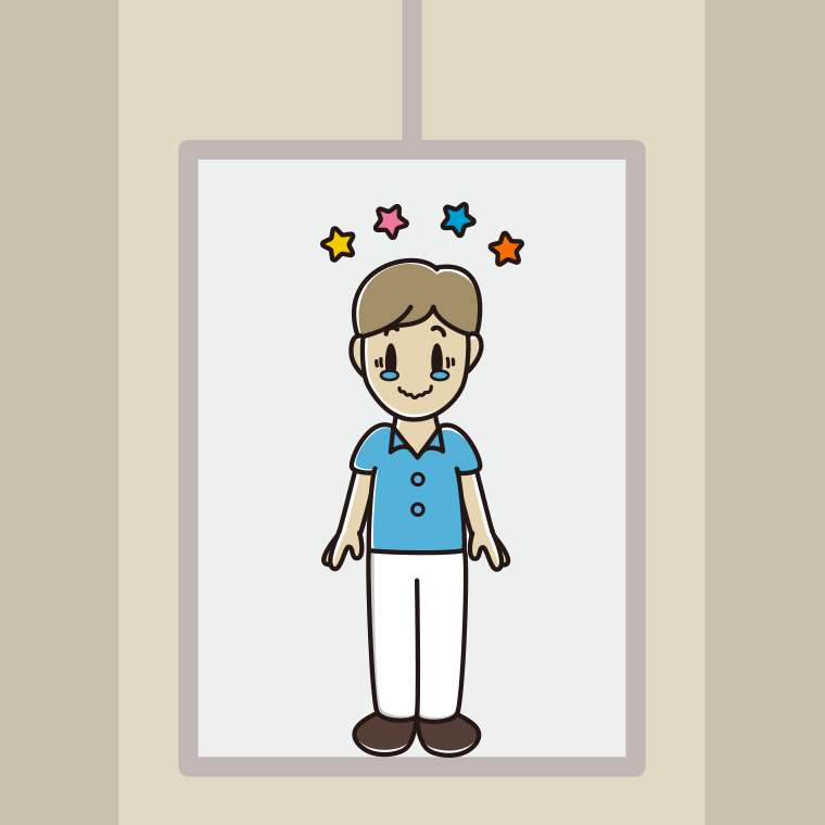 エレベーターでジーンとする男性会社員（クールビズ）のイラスト【色、背景あり】PNG