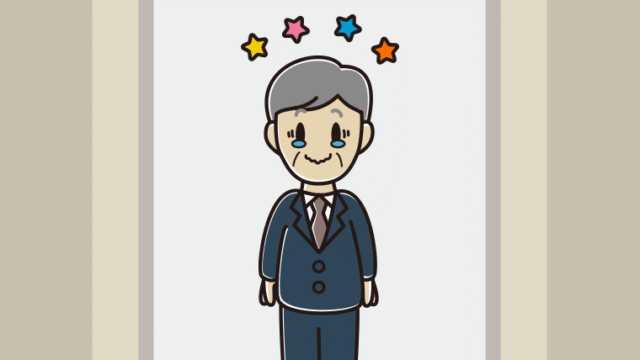 エレベーターでジーンとする年配男性会社員のイラスト【色、背景あり】PNG