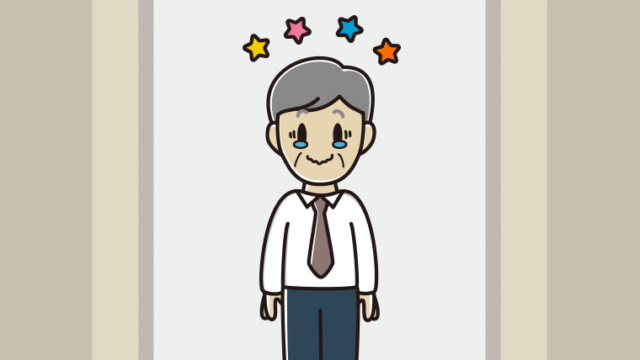 エレベーターでジーンとする年配男性会社員（ワイシャツ）のイラスト【色、背景あり】PNG