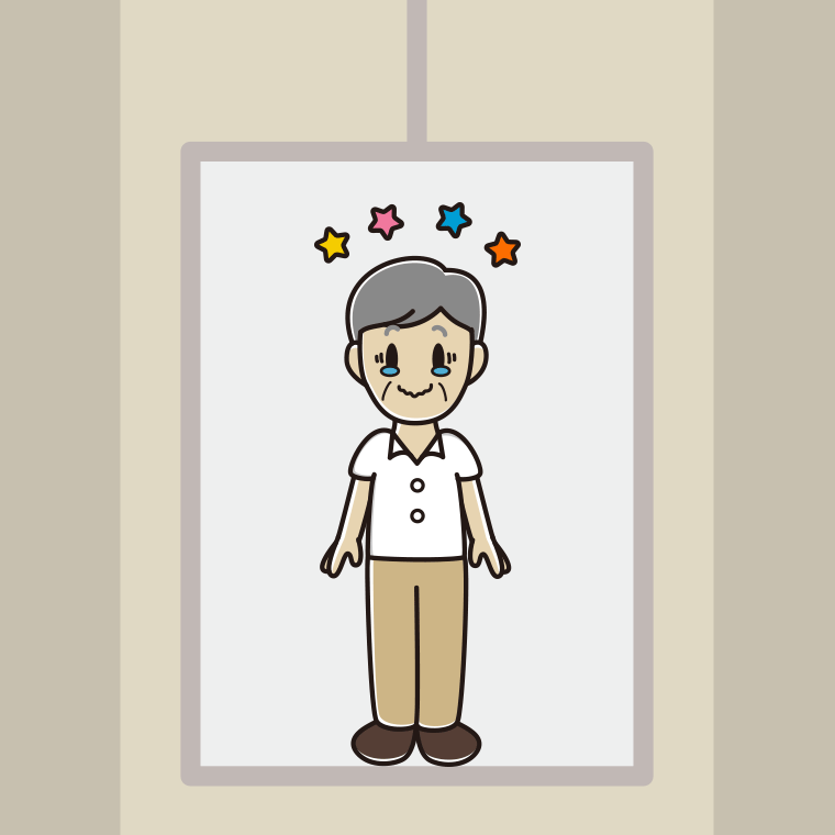 エレベーターでジーンとする年配男性会社員（クールビズ）のイラスト【色、背景あり】PNG