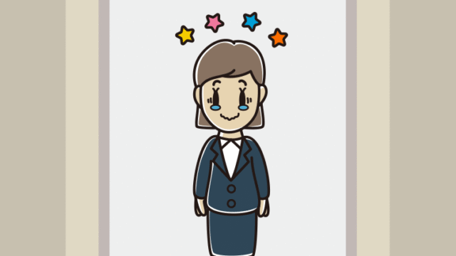 エレベーターでジーンとする女性会社員のイラスト【色、背景あり】PNG