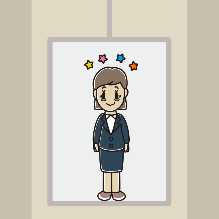 エレベーターでジーンとする女性会社員のイラスト【色、背景あり】PNG