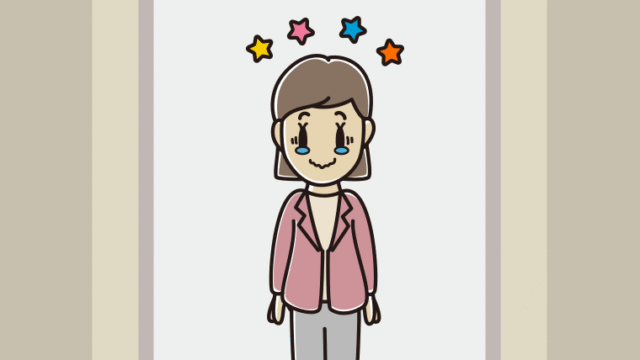 エレベーターでジーンとする女性会社員（カジュアル）のイラスト【色、背景あり】PNG