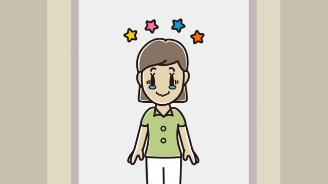 エレベーターでジーンとする女性会社員（クールビズ）のイラスト【色、背景あり】PNG