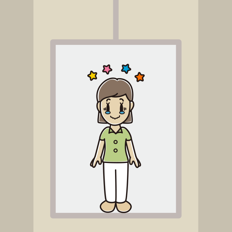 エレベーターでジーンとする女性会社員（クールビズ）のイラスト【色、背景あり】PNG