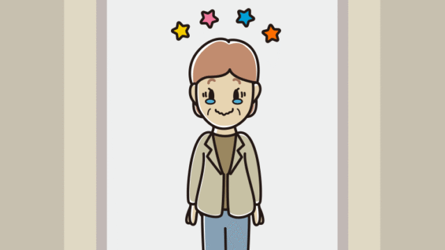 エレベーターでジーンとする年配女性会社員（カジュアル）のイラスト【色、背景あり】PNG