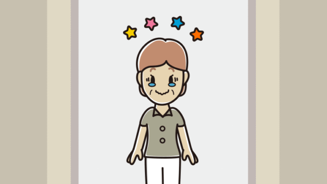 エレベーターでジーンとする年配女性会社員（クールビズ）のイラスト【色、背景あり】PNG