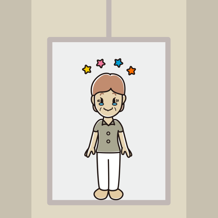 エレベーターでジーンとする年配女性会社員（クールビズ）のイラスト【色、背景あり】PNG