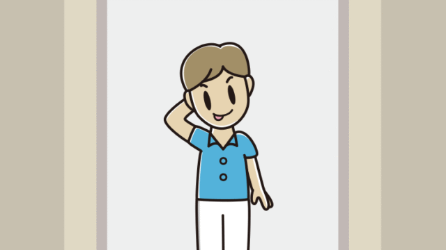 エレベーターでテヘヘな男性会社員（クールビズ）のイラスト【色、背景あり】PNG