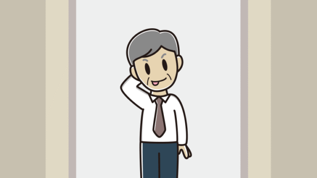 エレベーターでテヘヘな年配男性会社員（ワイシャツ）のイラスト【色、背景あり】PNG