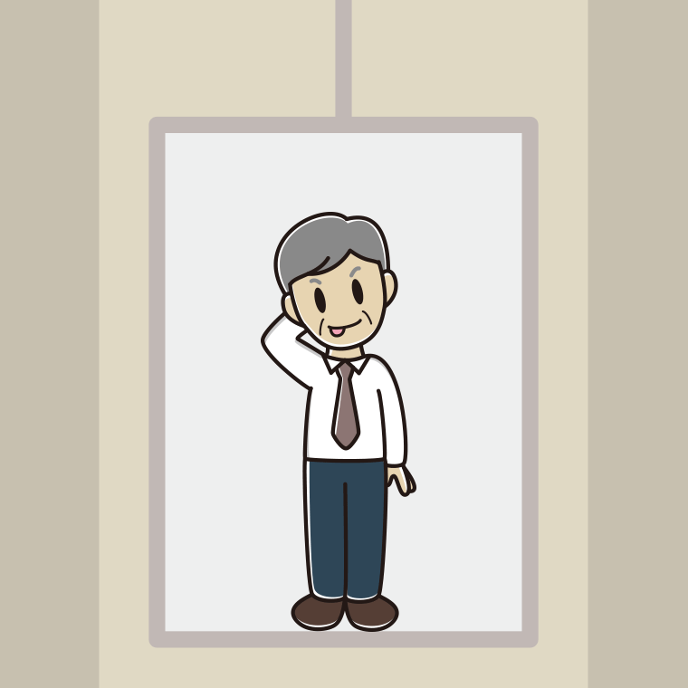 エレベーターでテヘヘな年配男性会社員（ワイシャツ）のイラスト【色、背景あり】PNG