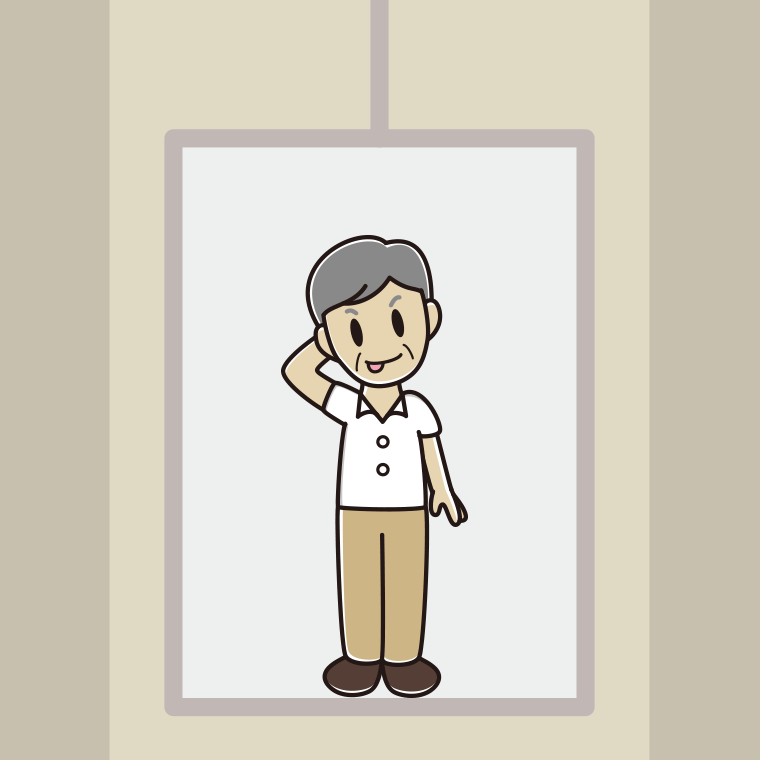 エレベーターでテヘヘな年配男性会社員（クールビズ）のイラスト【色、背景あり】PNG
