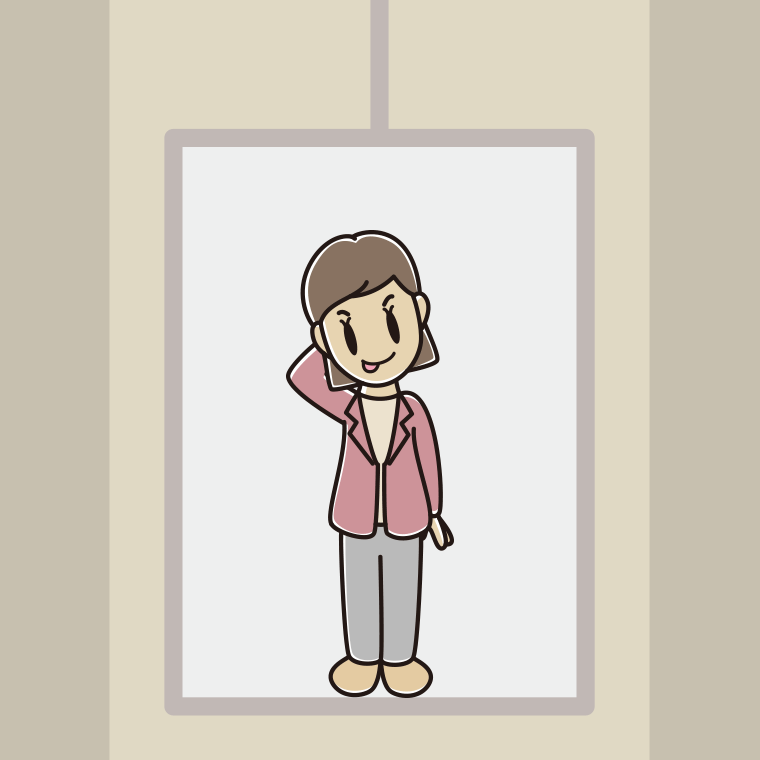 エレベーターでテヘヘな女性会社員（カジュアル）のイラスト【色、背景あり】PNG