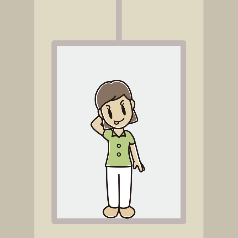 エレベーターでテヘヘな女性会社員（クールビズ）のイラスト【色、背景あり】PNG