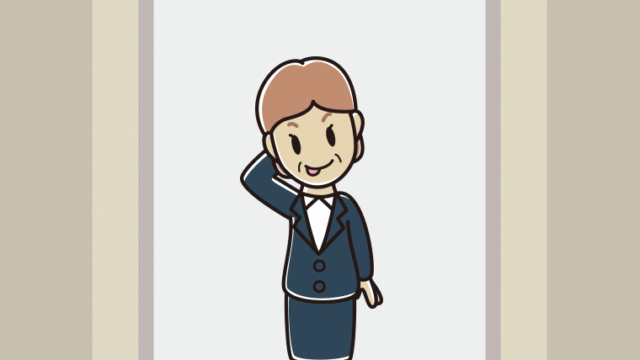 エレベーターでテヘヘな年配女性会社員のイラスト【色、背景あり】PNG