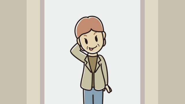 エレベーターでテヘヘな年配女性会社員（カジュアル）のイラスト【色、背景あり】PNG