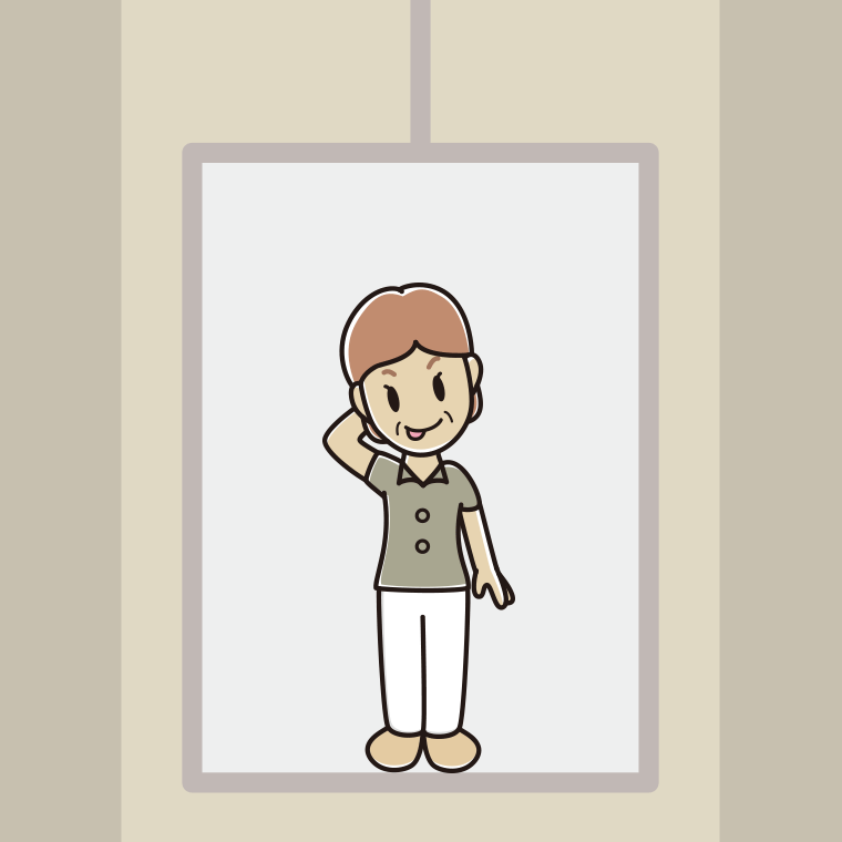エレベーターでテヘヘな年配女性会社員（クールビズ）のイラスト【色、背景あり】PNG