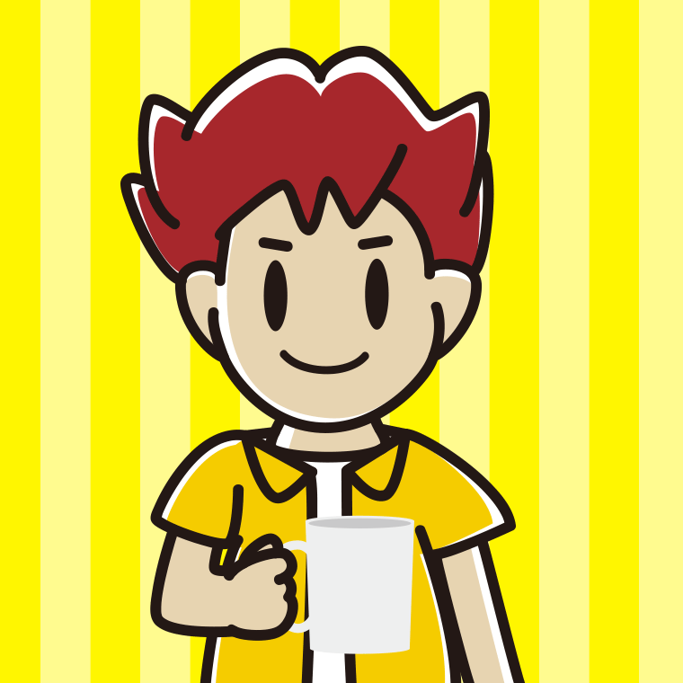コーヒーを飲む（マグカップを持つ）男子大学生のイラスト【色、背景あり】PNG