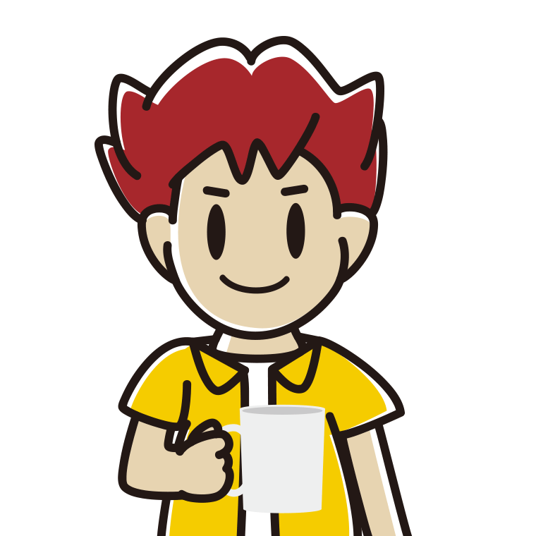 コーヒーを飲む（マグカップを持つ）男子大学生のイラスト【色あり、背景なし】透過PNG