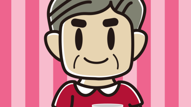 コーヒーを飲む（マグカップを持つ）おじさんのイラスト【色、背景あり】PNG