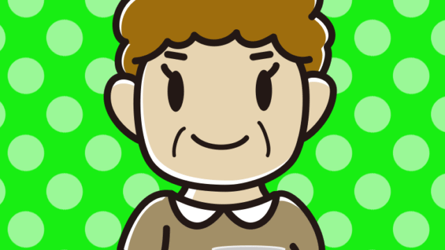 コーヒーを飲む（マグカップを持つ）おばさんのイラスト【色、背景あり】PNG