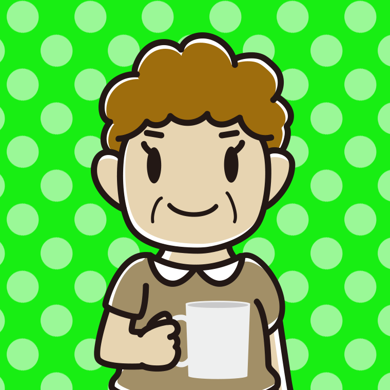 コーヒーを飲む（マグカップを持つ）おばさんのイラスト【色、背景あり】PNG