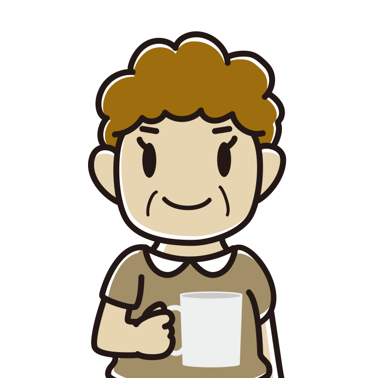 コーヒーを飲む（マグカップを持つ）おばさんのイラスト【色あり、背景なし】透過PNG