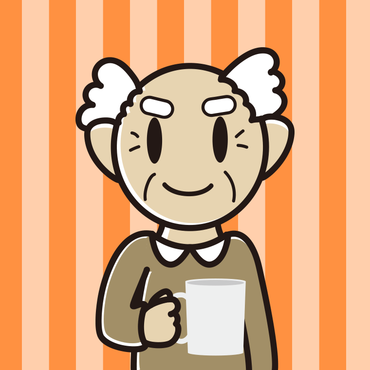 コーヒーを飲む（マグカップを持つ）おじいさんのイラスト【色、背景あり】PNG
