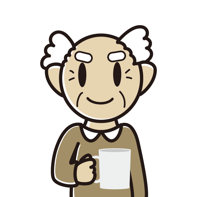 コーヒーを飲む（マグカップを持つ）おじいさんのイラスト【色あり、背景なし】透過PNG