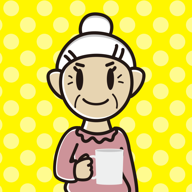 コーヒーを飲む（マグカップを持つ）おばあさんのイラスト【色、背景あり】PNG