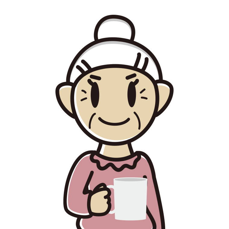 コーヒーを飲む（マグカップを持つ）おばあさんのイラスト【色あり、背景なし】透過PNG