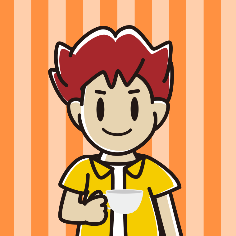 紅茶を飲む（ティーカップを持つ）男子大学生のイラスト【色、背景あり】PNG