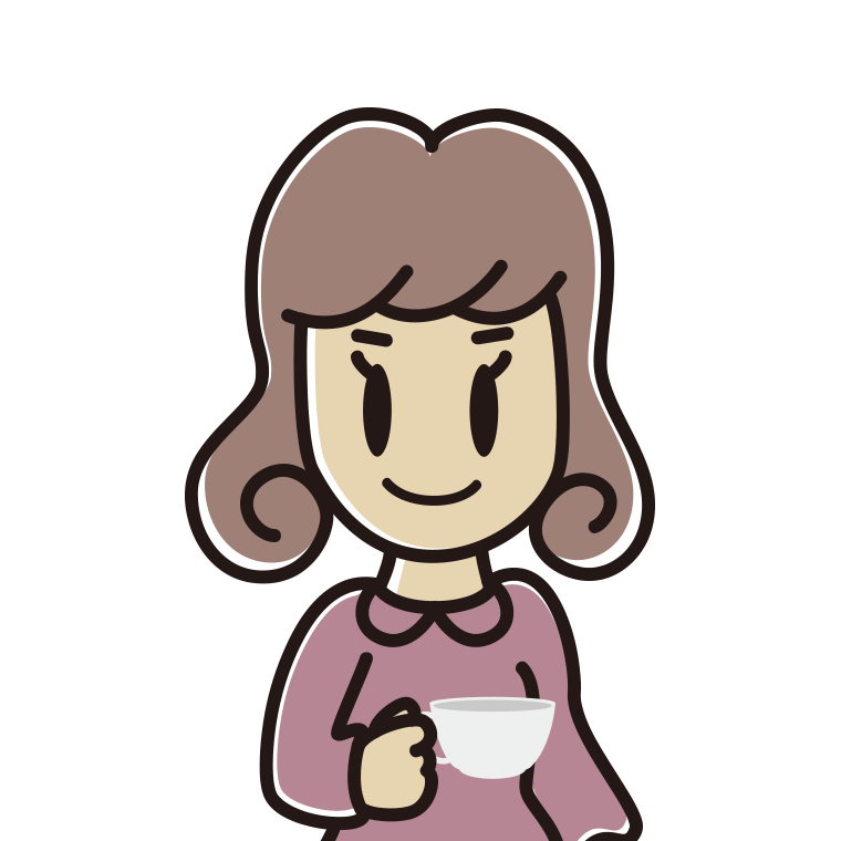 紅茶を飲む（ティーカップを持つ）女子大学生のイラスト【色あり、背景なし】透過PNG