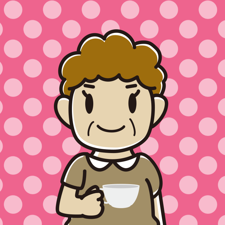 紅茶を飲む（ティーカップを持つ）おばさんのイラスト【色、背景あり】PNG