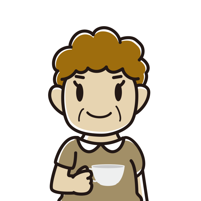 紅茶を飲む（ティーカップを持つ）おばさんのイラスト【色あり、背景なし】透過PNG