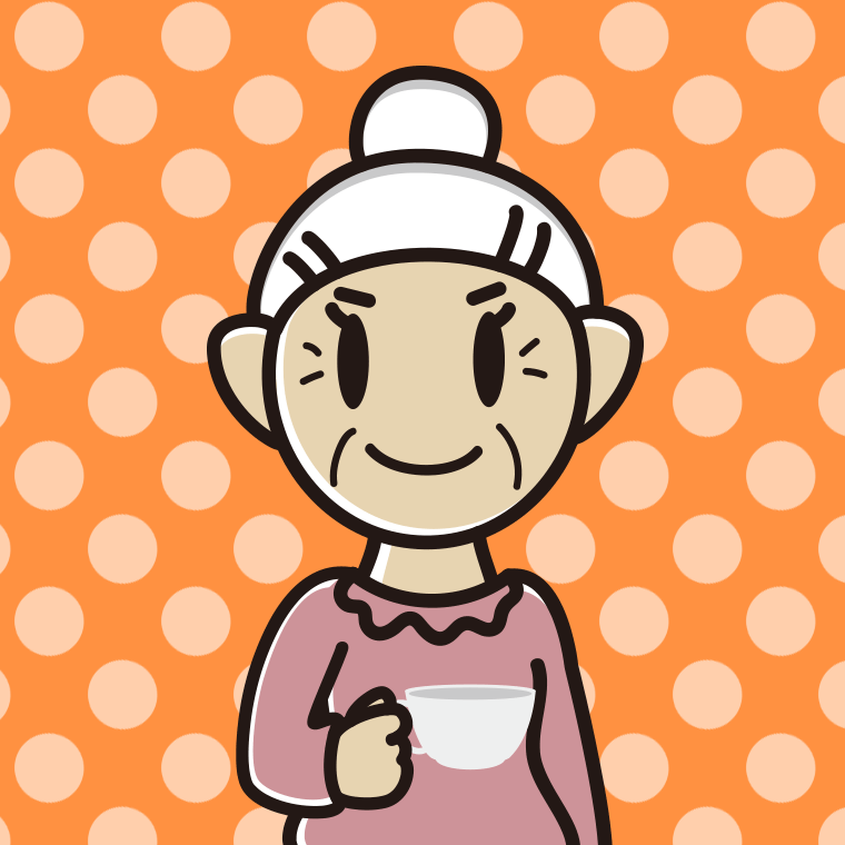 紅茶を飲む（ティーカップを持つ）おばあさんのイラスト【色、背景あり】PNG