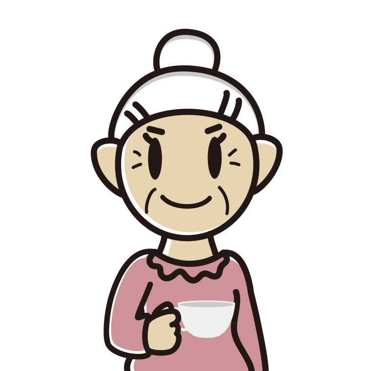 紅茶を飲む（ティーカップを持つ）おばあさんのイラスト【色あり、背景なし】透過PNG