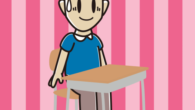 教室の席で苦笑いする男性のイラスト【色、背景あり】PNG